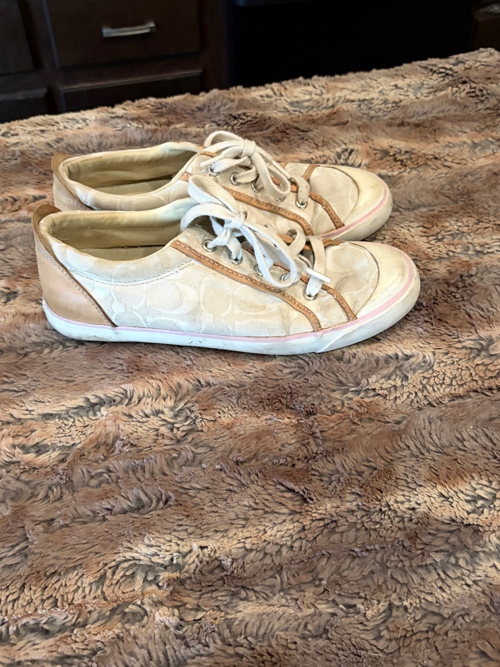 Coach Beige Canvas Logo Low-Top Sneakers with Tan Trim